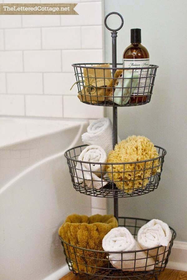 Tiered Metal Basket Bathroom Organizer #farmhousebathroom #bathroom #decorhomeideas