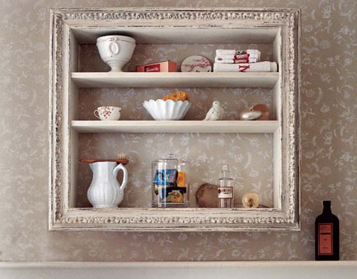 Vintage Wooden Framed Storage Shelves #rusticbathroom #rusticdecor #decorhomeideas