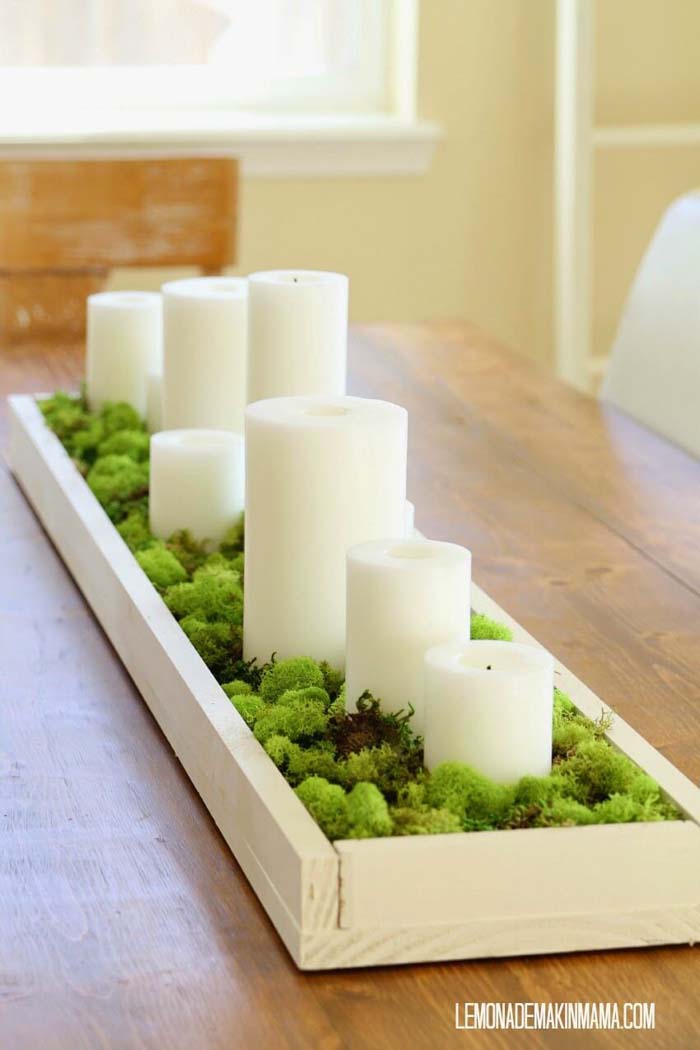 White Candles and Green Ferns Centerpiece #candledecorations #candles #homedecor #decorhomeideas