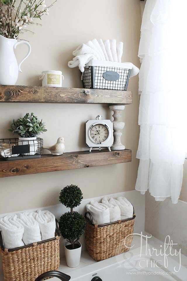 Wood and Wicker Bathroom Organizing System #farmhousebathroom #bathroom #decorhomeideas