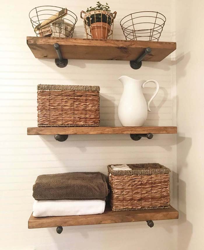 Wooden Floating Bathroom Storage Shelf #farmhousebathroom #bathroom #decorhomeideas