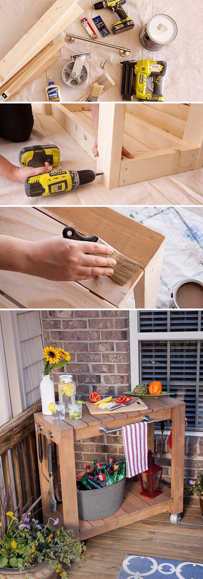 A Stained Wooden Pallet Bar on Wheels #outdoorbar #diyoutdoorbar #decorhomeideas