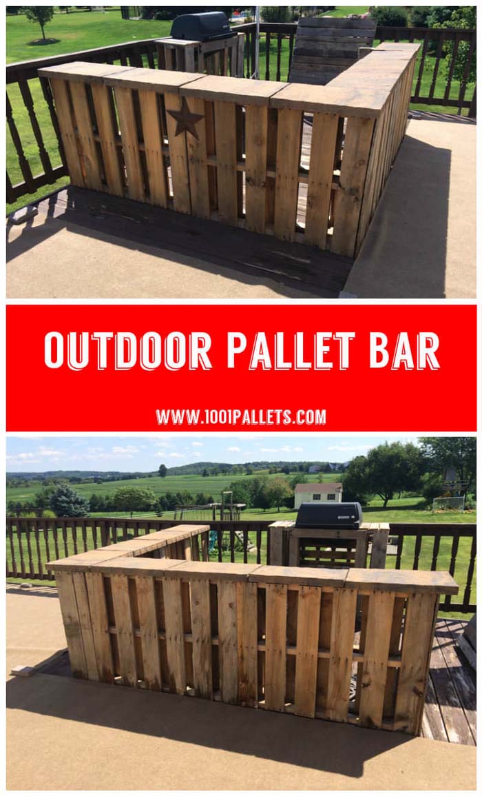 An L-Shaped Pallet Bar for a Deck #outdoorbar #diyoutdoorbar #decorhomeideas
