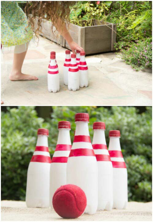 Bowling with Recycled Bottles #diybackyardgames #outdoorgames #decorhomeideas