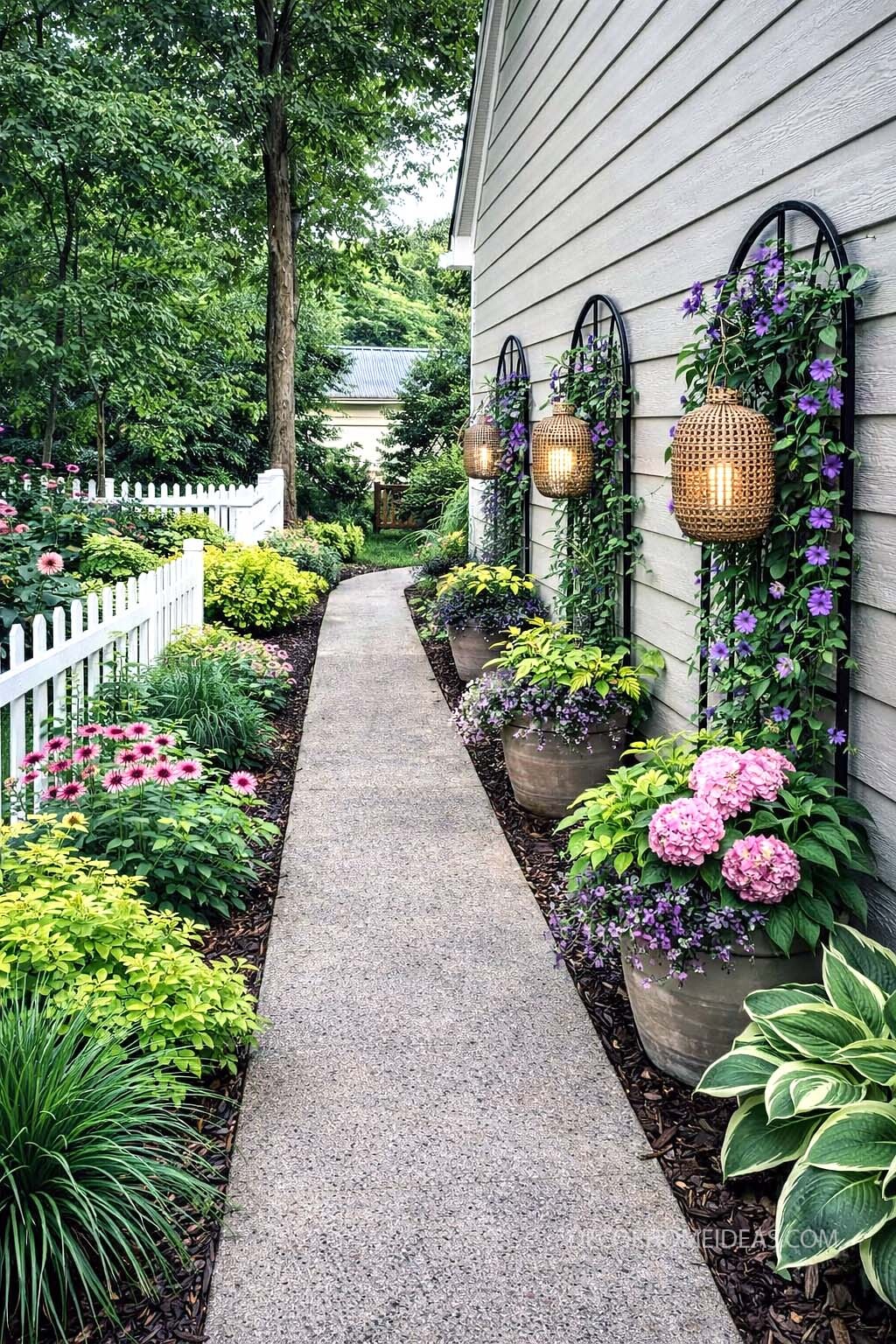 Charming Garden Walkway With Cozy Lantern Lighting