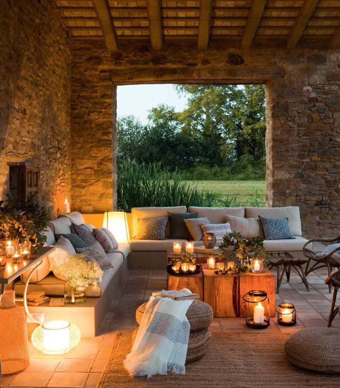 Covered Rustic Stone Patio with Candles #rusticpatioideas #rusticpatio #decorhomeideas