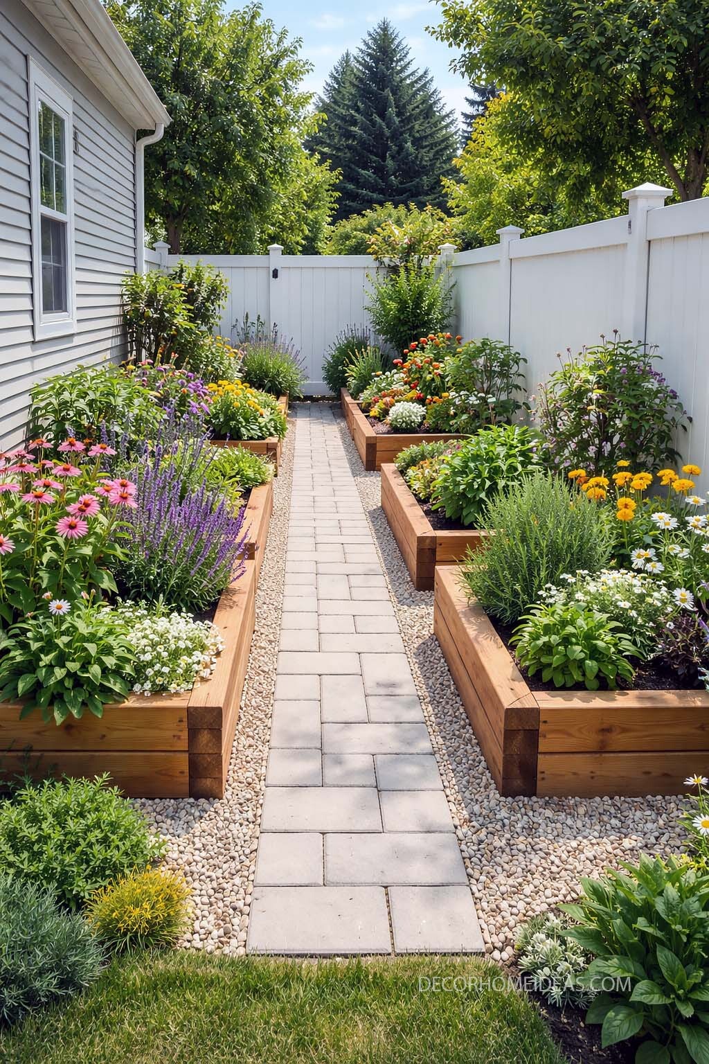 Raised Bed Garden Path With Colorful Blooms