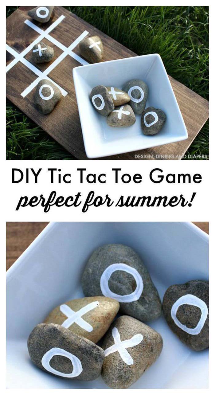 Rustic Stone and Wood Tic-Tac-Toe Board #diybackyardgames #outdoorgames #decorhomeideas