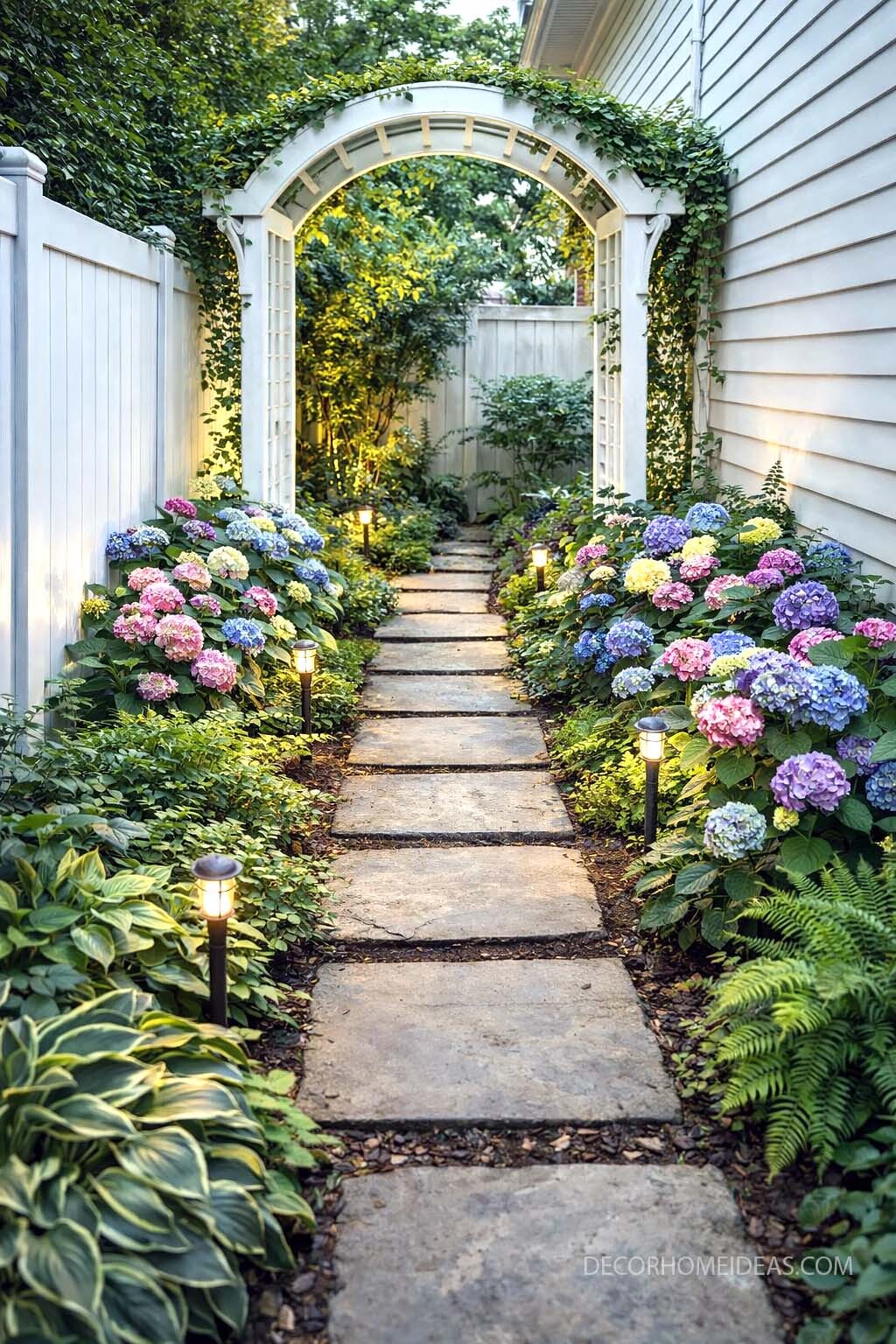 Side Yard Garden Path with Hydrangeas