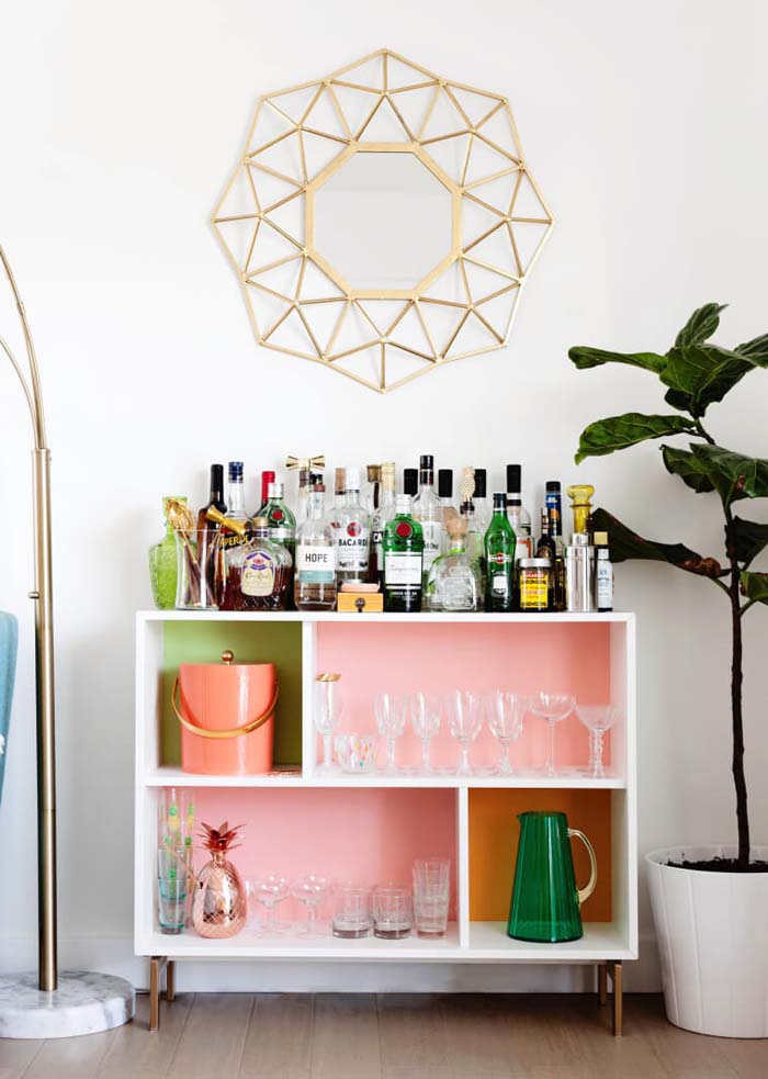 Colorful Modern Drink Station with Cubicle Shelves #IKEAhacks #IKEAfurniture #decorhomeideas