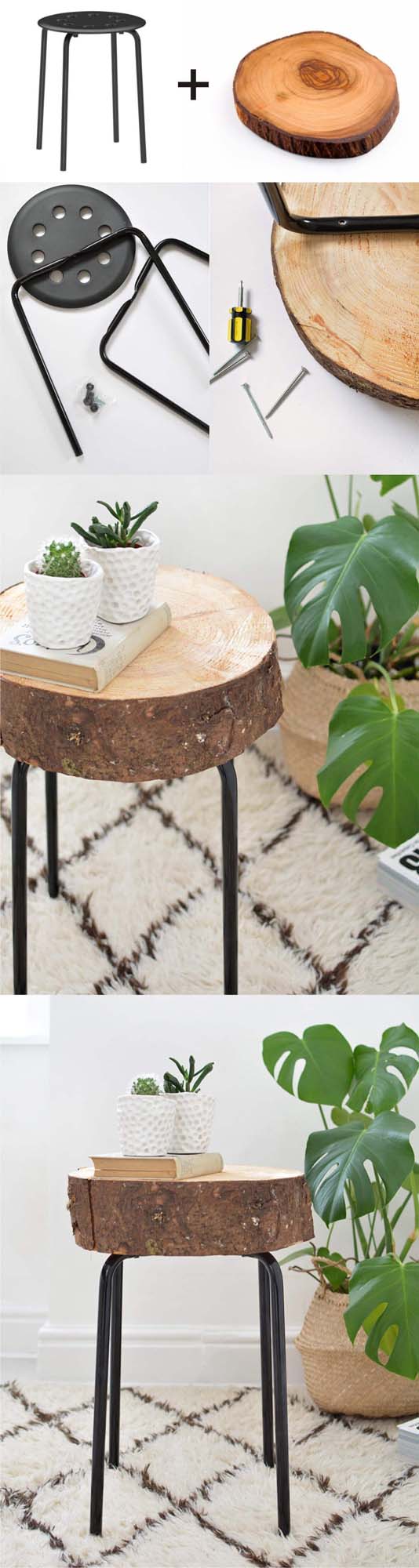 IKEA Stool and Tree-Stump Succulent Stand #IKEAhacks #IKEAfurniture #decorhomeideas