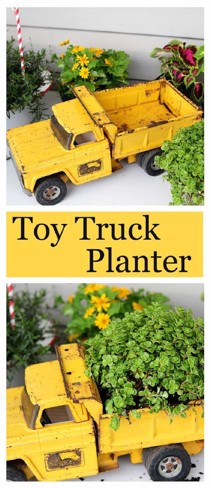 Repurposed Garden Container Ideas with a Toy Truck #repurposedplanter #repurposedcontainer #decorhomeideas