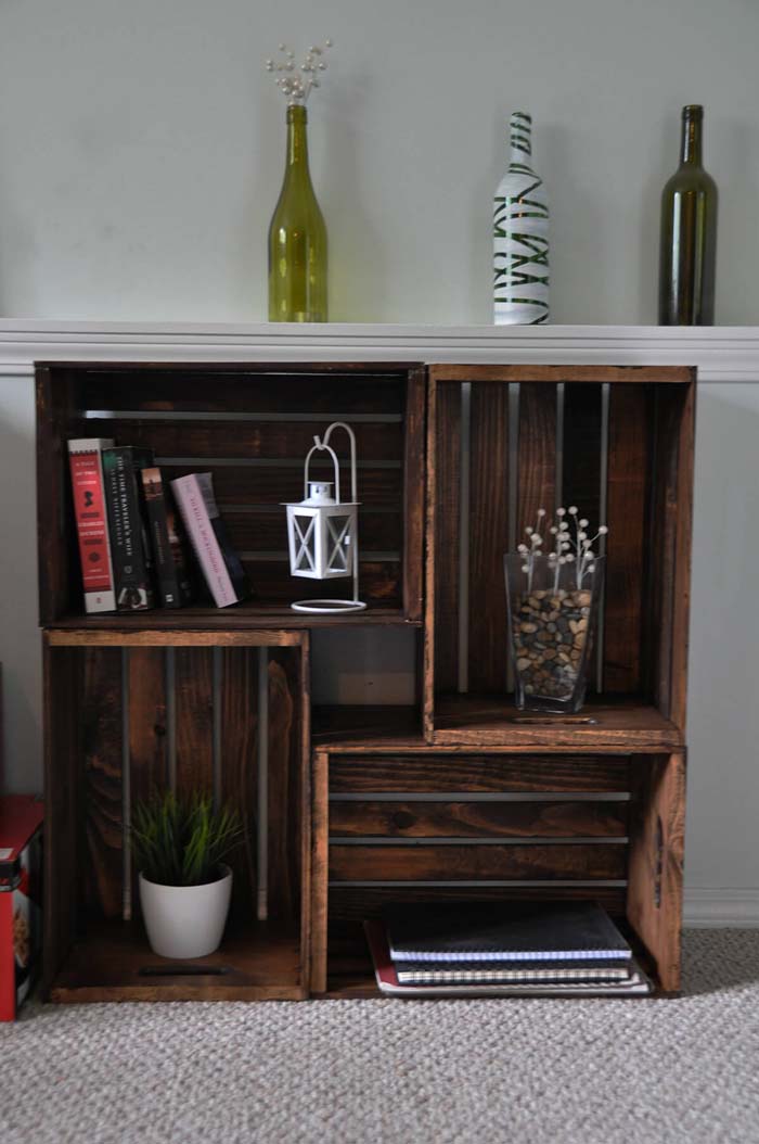 Stunning and Stained Crate Storage Center #diywoodcrateprojects #diywoodcrateideas #decorhomeideas