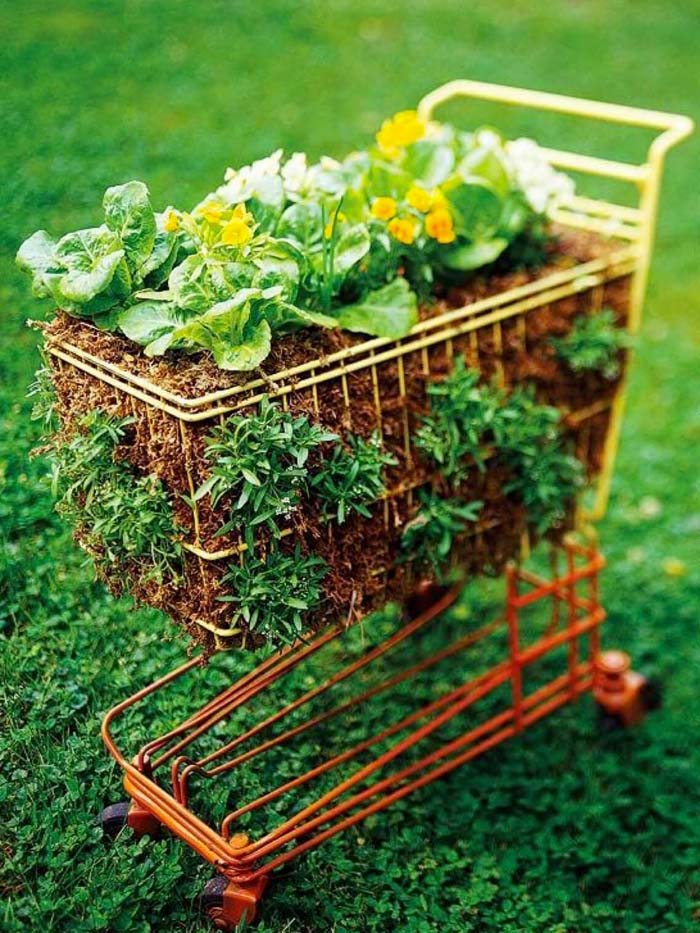Toy Shopping Cart Filled with Flowers #repurposedplanter #repurposedcontainer #decorhomeideas
