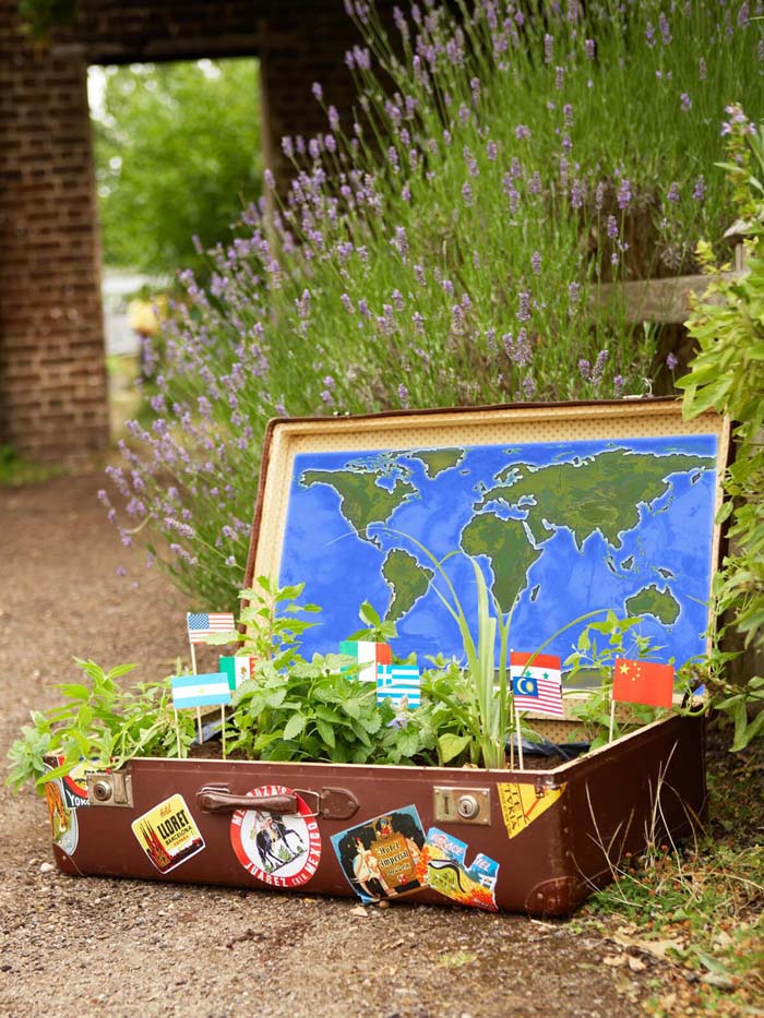 Traveler's Luggage with Flags and Greens #repurposedplanter #repurposedcontainer #decorhomeideas