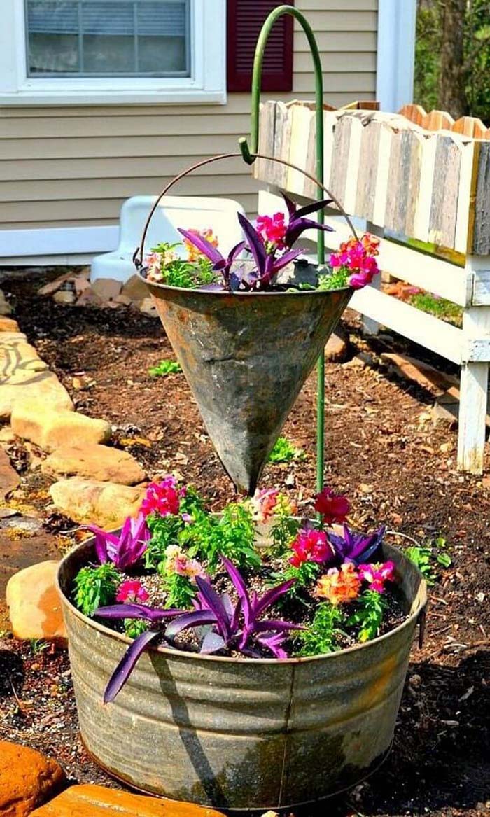 Two Level Arrangement with Funnel and Pail #repurposedplanter #repurposedcontainer #decorhomeideas