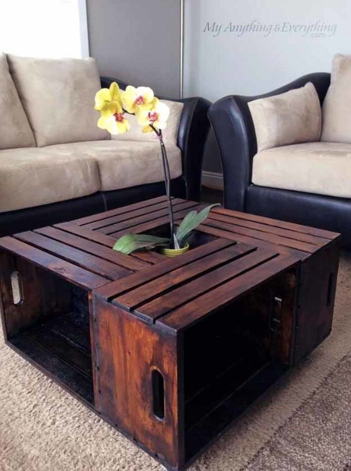 Upcycled Elegance: a DIY Coffee Table #diywoodcrateprojects #diywoodcrateideas #decorhomeideas