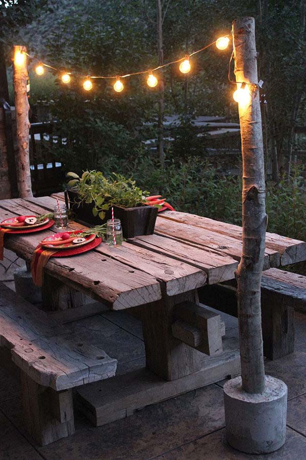 Charmingly Rustic Minimalistic String Lights #backyardlightingideas #decorhomeideas