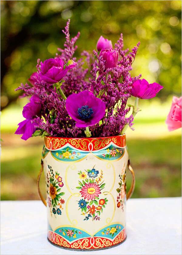 Eastern European Tin Brimming with Purple Poppies #flowerarrangementsideas #flowerarrangement #decorhomeideas