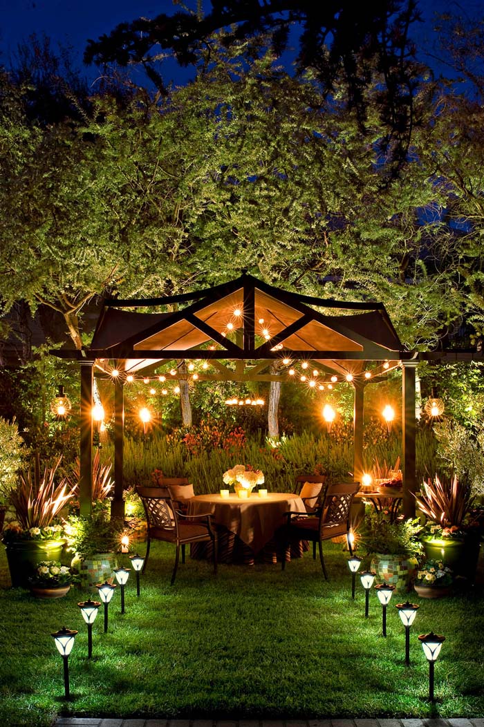 Elegant Well-Lit Backyard Dinner Party Pergola #backyardlightingideas #decorhomeideas