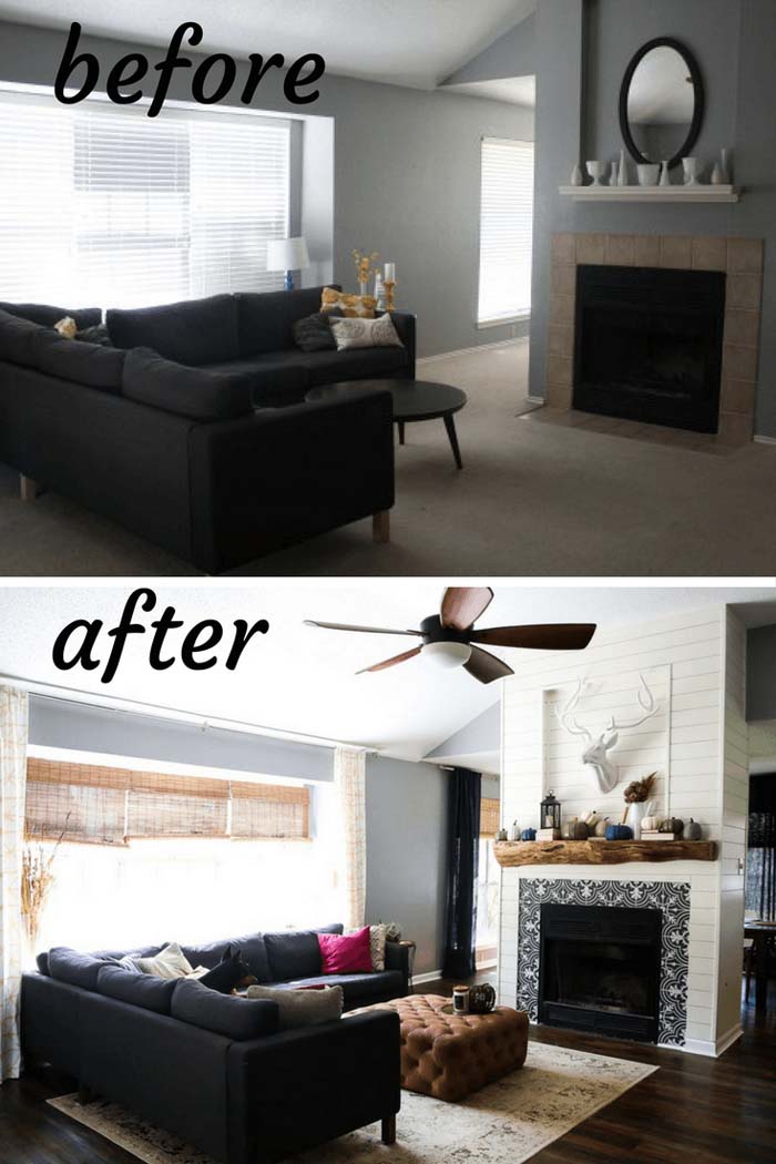 Fireplace Tiles Accent Makeover #livingroommakeovers #decorhomeideas