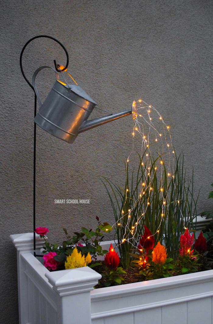 Gorgeous Watering Can Flowing with Lights Decoration #backyardlightingideas #decorhomeideas