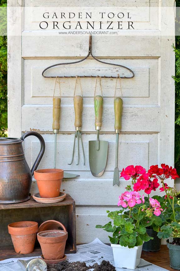 Organizing Garden Tools with a Repurposed Rake #gardentoolstorage #gardenhacks #decorhomeideas