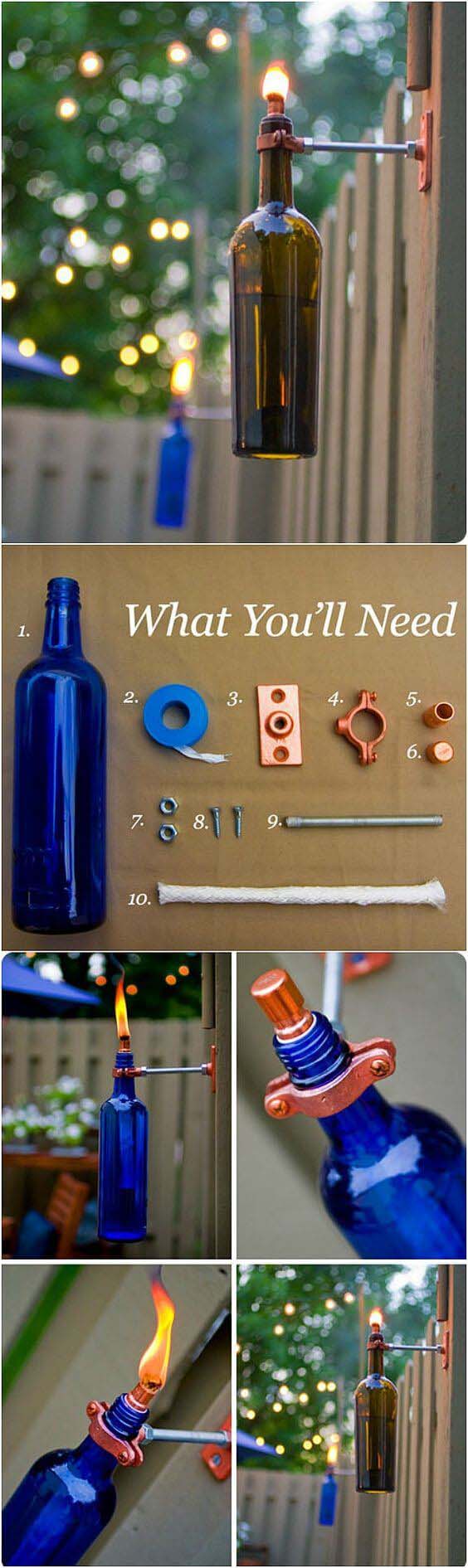 Recycled DIY Glass Bottle Torches #backyardlightingideas #decorhomeideas