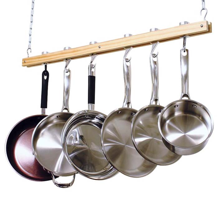 Single Bar Ceiling Mounted Wooden Pot Rack #potsandpansorganizer #decorhomeideas