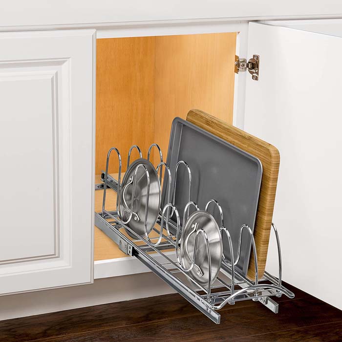 Slide Out Pan Lid Holder and Pull Out Kitchen Cabinet Organizer Rack #potsandpansorganizer #decorhomeideas