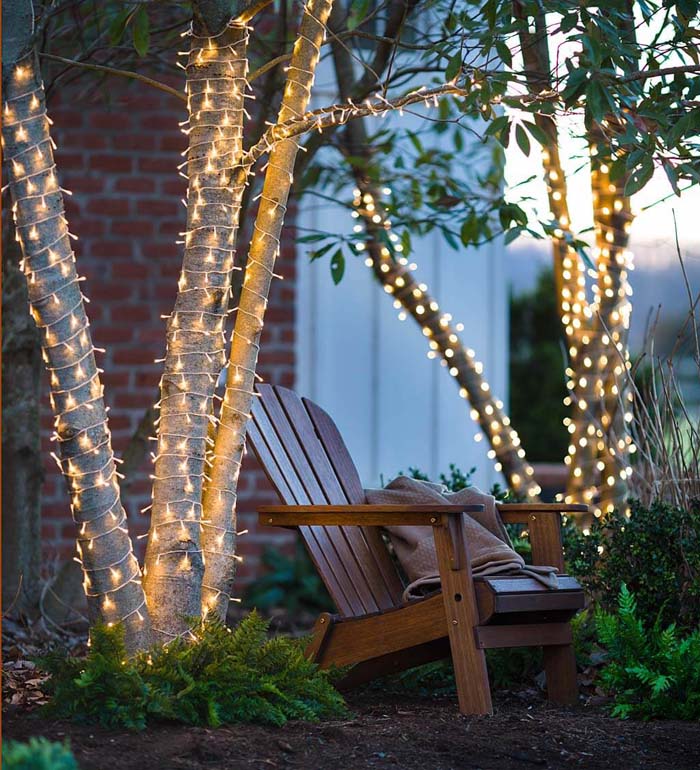 Tropical Trees Trimmed with Twinkling Lights #backyardlightingideas #decorhomeideas