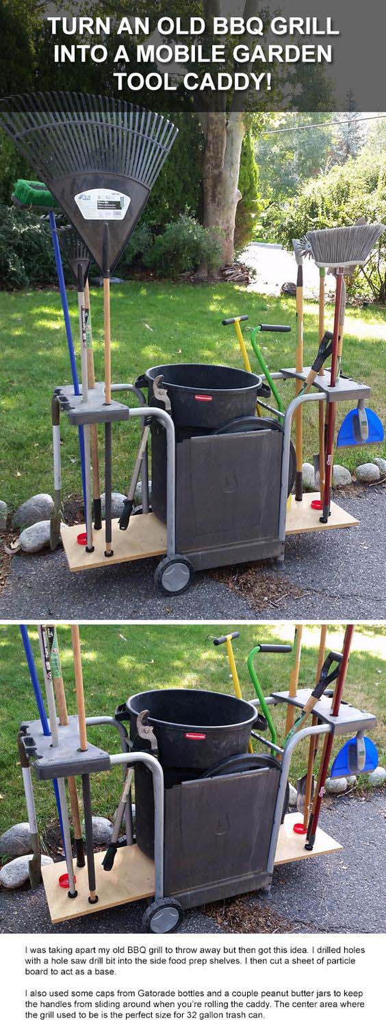 Turn an Old Barbecue Grill into a Mobile Garden Tool Caddy! #gardentoolstorage #gardenhacks #decorhomeideas