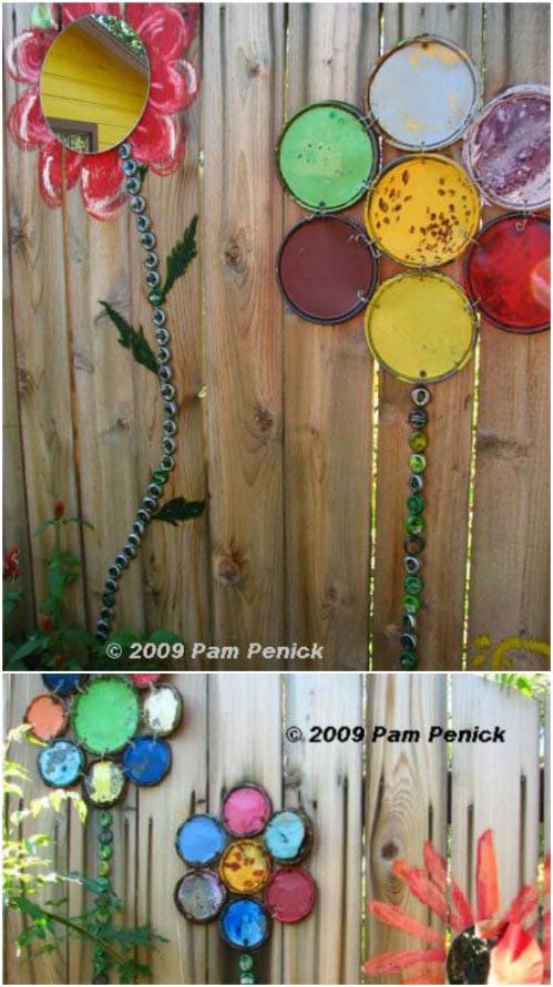 Upcycled Paint Lid Flowers #gardenfencedecoration #decorhomeideas