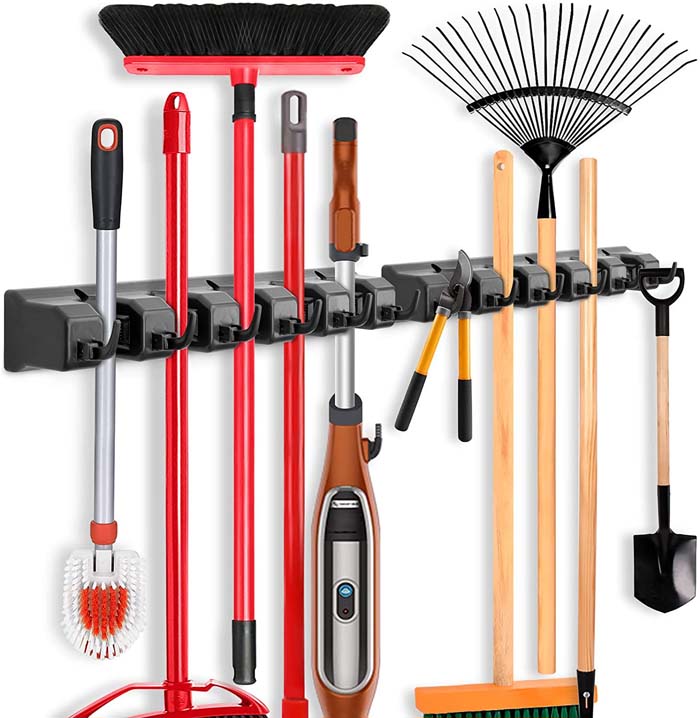 Wall Mounted Organizer Mop and Broom Storage Tool Rack #gardentoolorganizer #decorhomeideas