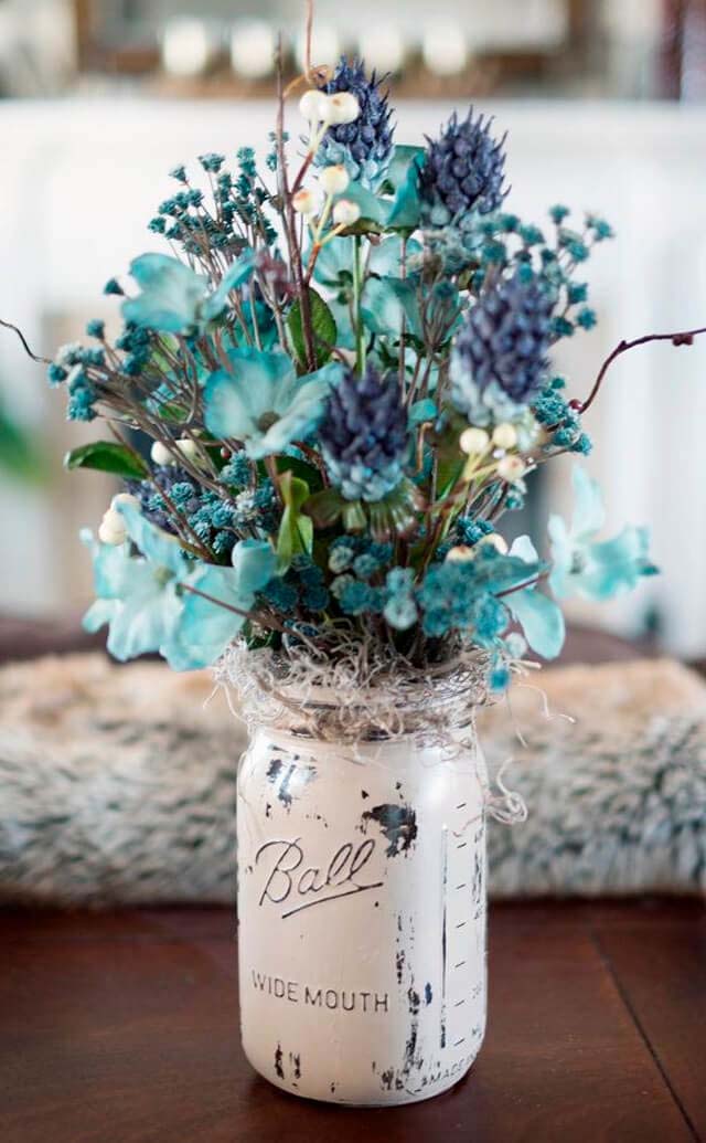 Whitewashed Mason Jar of Cerulean Dried Flowers #flowerarrangementsideas #flowerarrangement #decorhomeideas