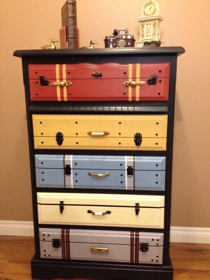 Bureau With Drawers Painted to Look Like Vintage Luggage #vintage #storageideas #decorhomeideas