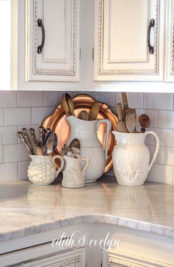 Classic Ironstone Pitchers and Copper Serving Tray #vintage #storageideas #decorhomeideas