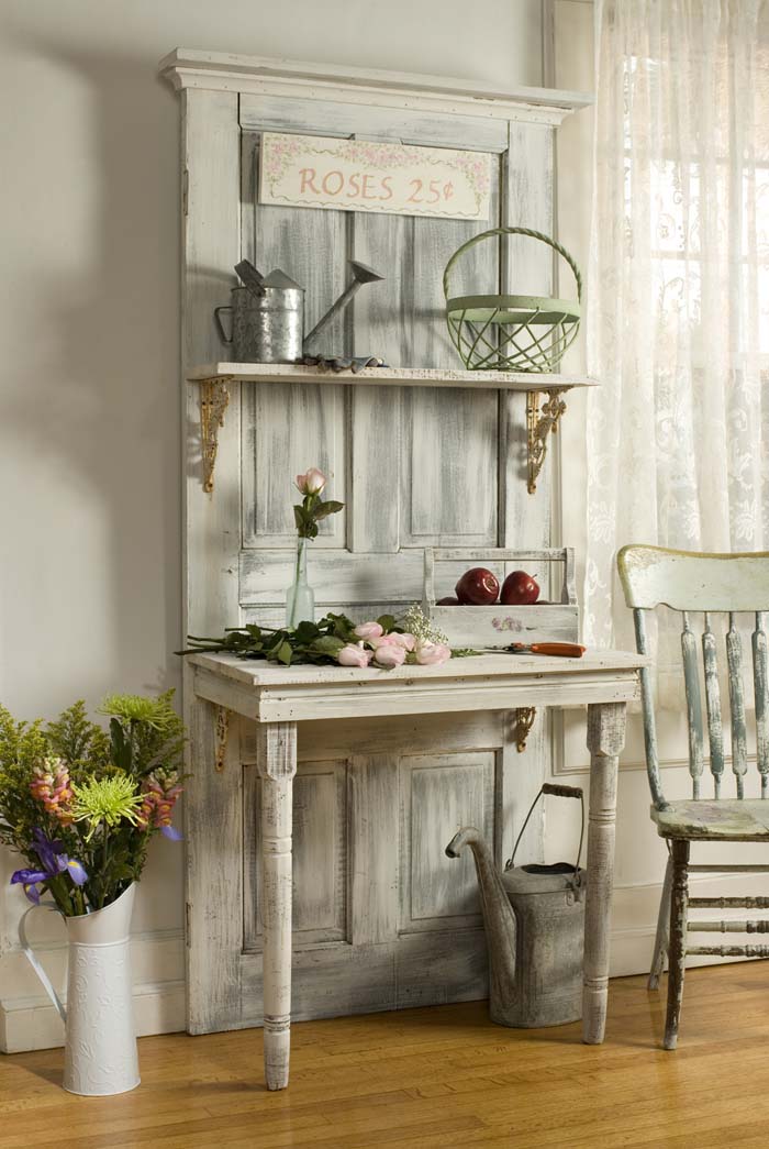 Cottage Chic Shelving on a Whitewashed Door #vintage #storageideas #decorhomeideas