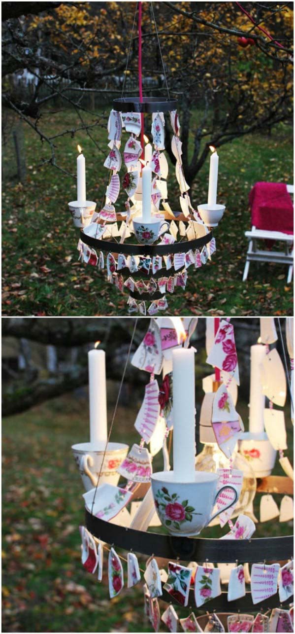 DIY Backyard Chandelier #brokenglassart #decorhomeideas