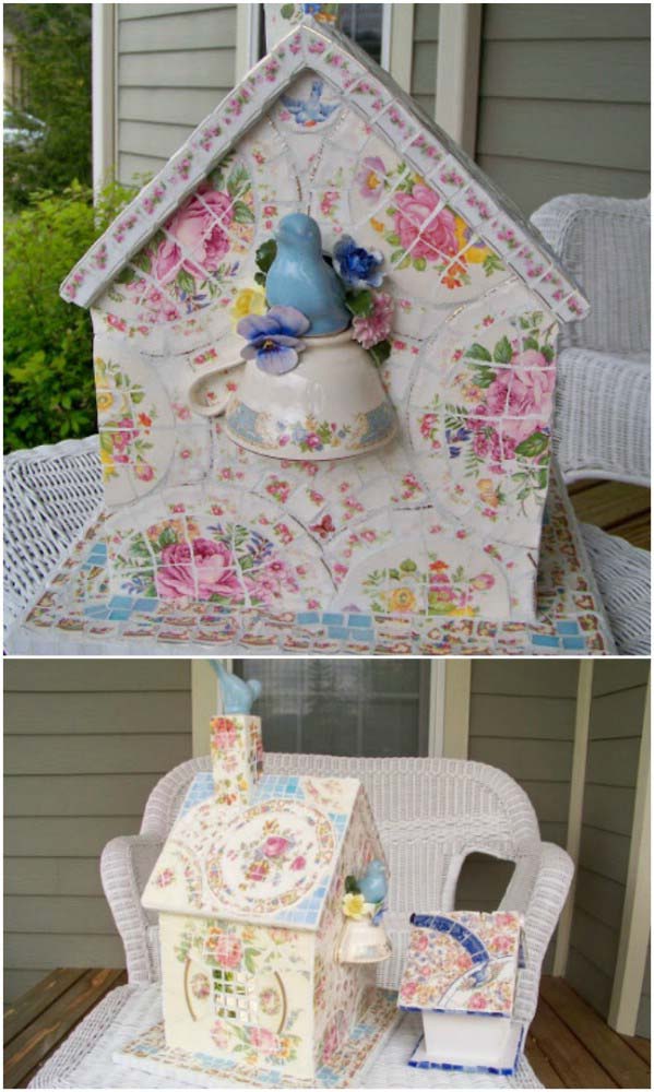 DIY Mosaic Birdhouse From Broken China #brokenglassart #decorhomeideas