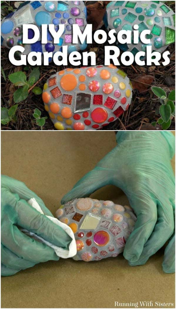 DIY Mosaic Garden Rocks From Broken Glass #brokenglassart #decorhomeideas