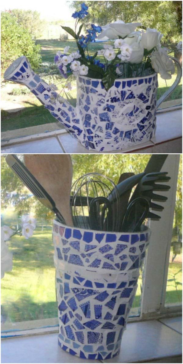 DIY Mosaic Watering Can #brokenglassart #decorhomeideas