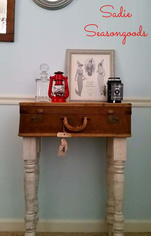 Hall Table from Vintage Luggage and Reclaimed Table Legs #vintage #storageideas #decorhomeideas