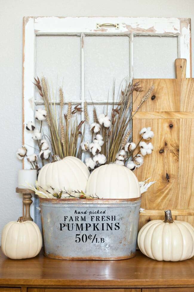 Hand-picked Pumpkins and Cotton Farmhouse Decor #fallfarmhousedecor #decorhomeideas