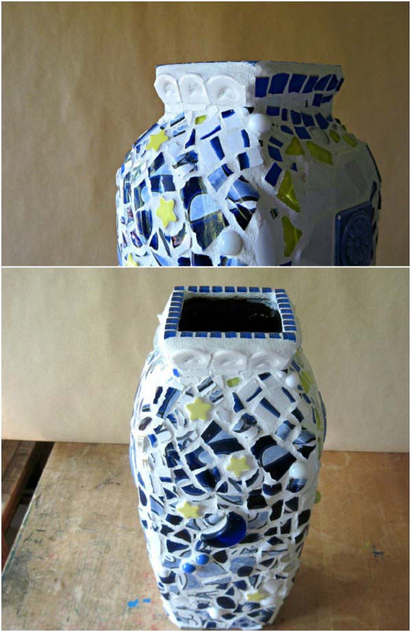 Repurposed China Covered Vase #brokenglassart #decorhomeideas