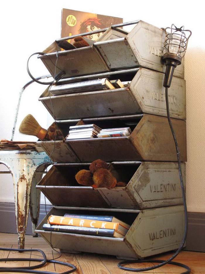 Stacking Galvanized Industrial Bins #vintage #storageideas #decorhomeideas