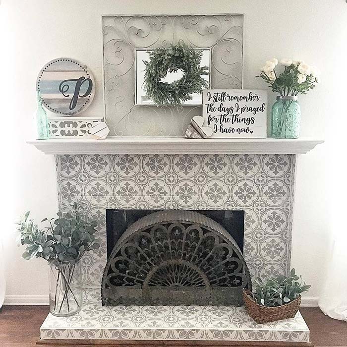 Stenciled Fireplace Tiles