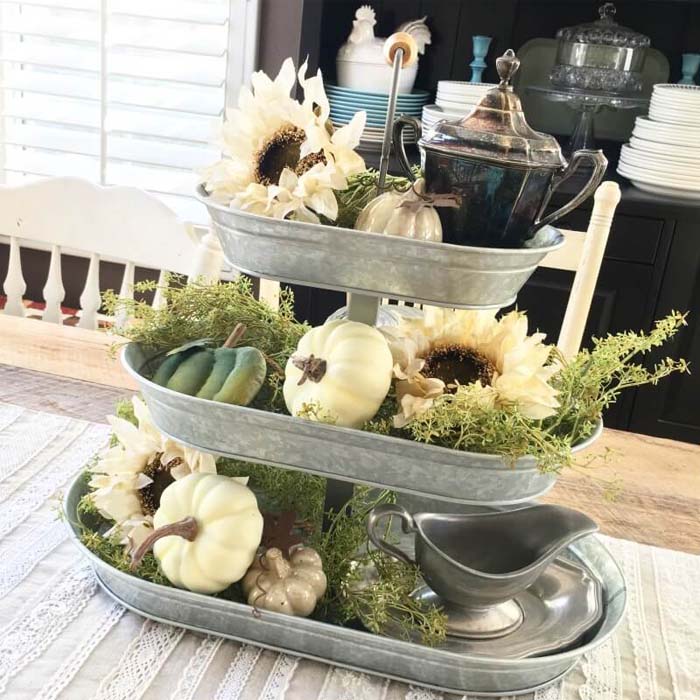 Tiered Antique Basins as a Centerpiece for Fall's Treasures #fallfarmhousedecor #decorhomeideas