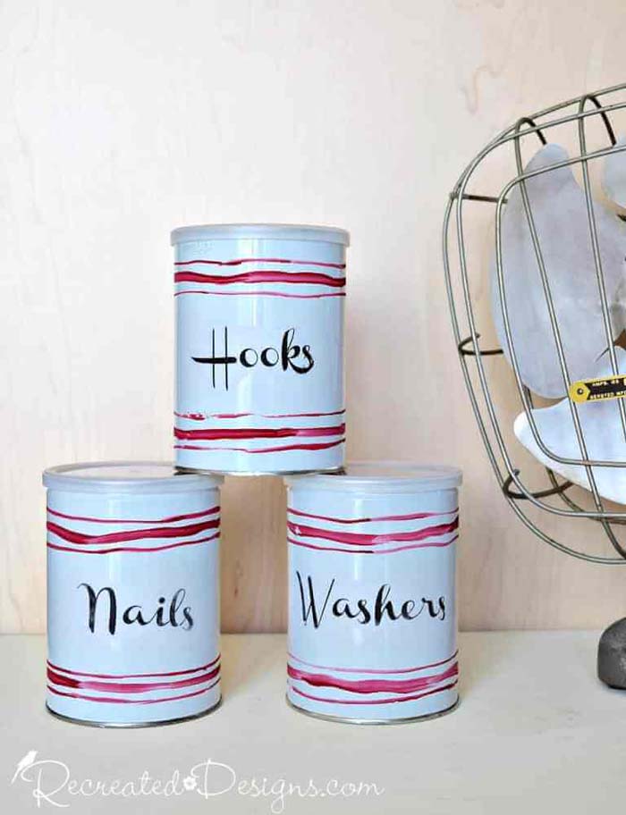 Upcycled Tin Can Storage Containers #vintage #storageideas #decorhomeideas