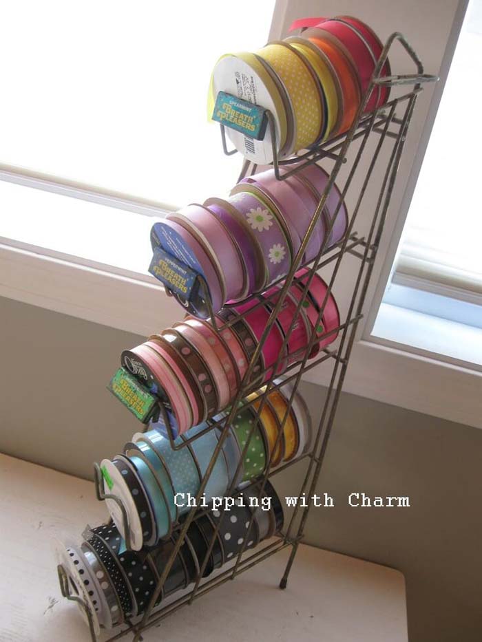 Wire Rack Ribbon Organizer Tower #vintage #storageideas #decorhomeideas